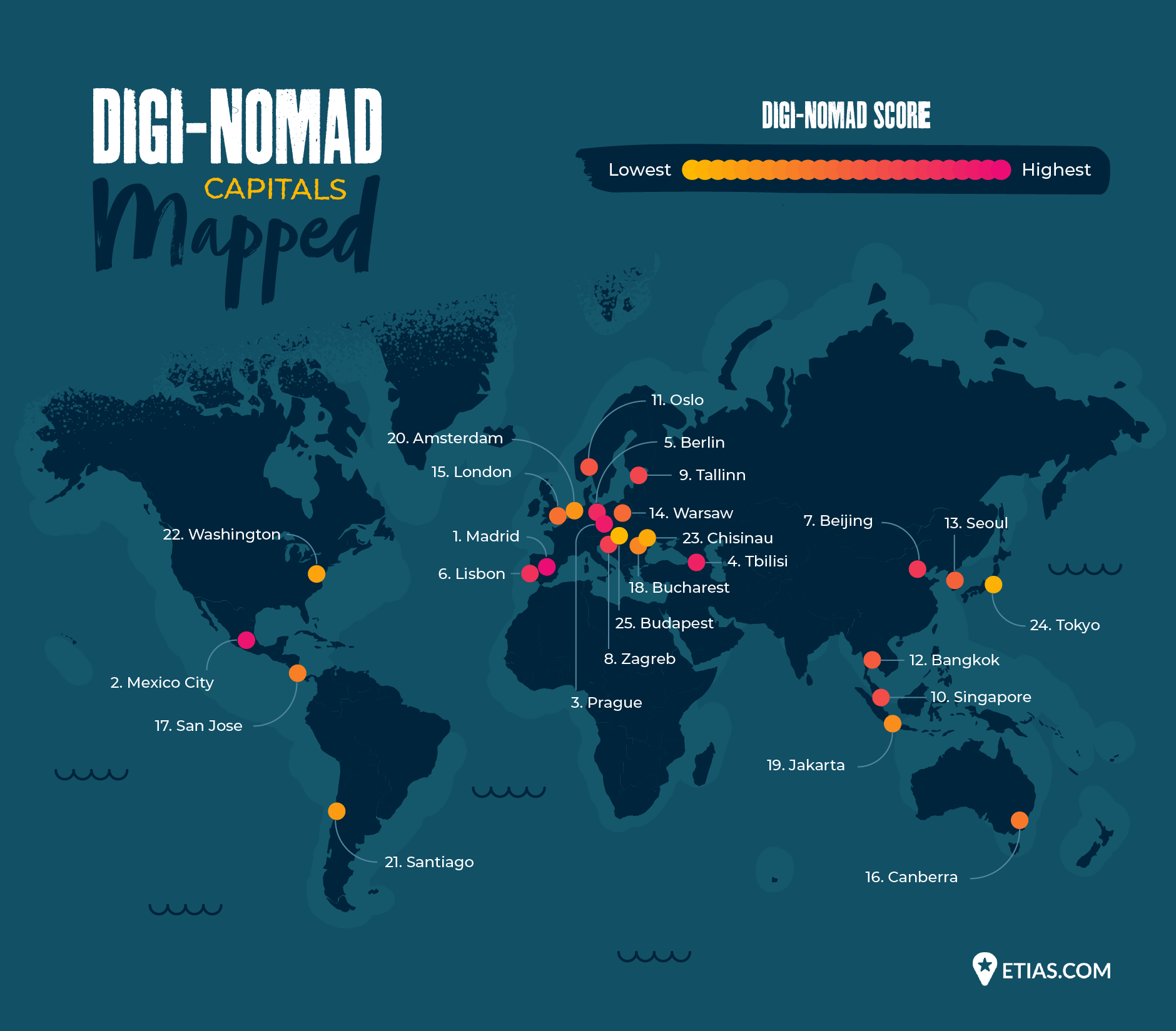 A map showing the top locations for digital nomads.